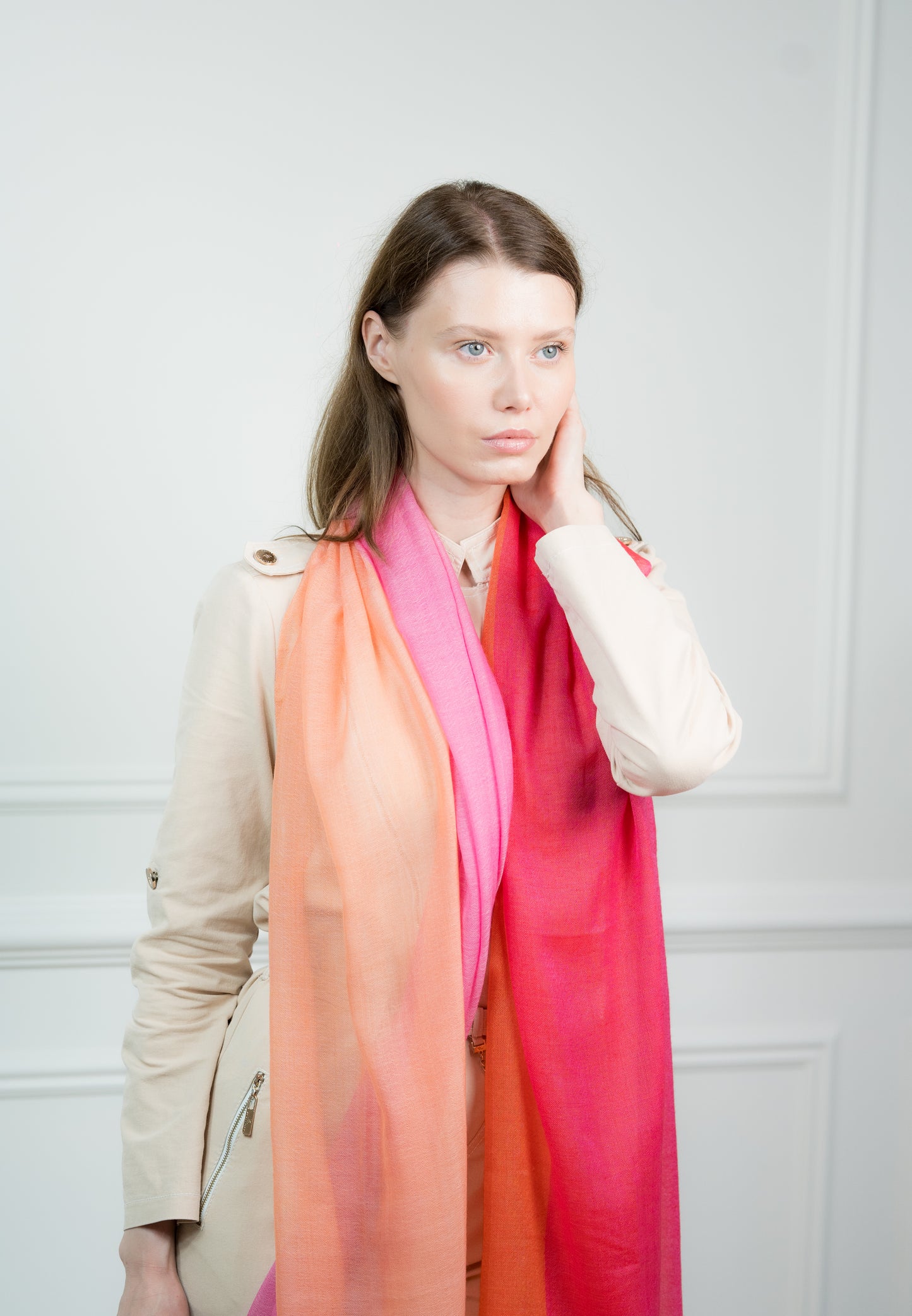 Model draping the 4 Color Block Candy Scarf stylishly over the shoulders, highlighting the interplay of vibrant colors.