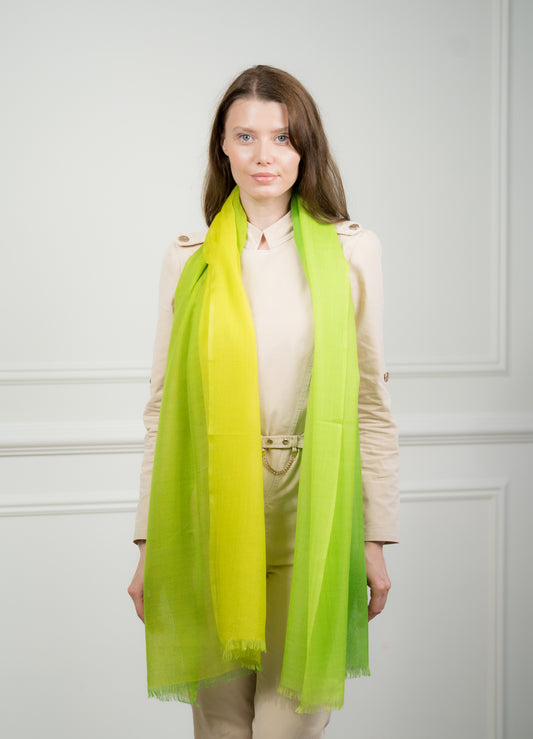 Model wearing Caprus Cashmere's pure wool 4 Color Block Chartreuse Scarf, featuring chartreuse, gray, beige, and white color blocks.