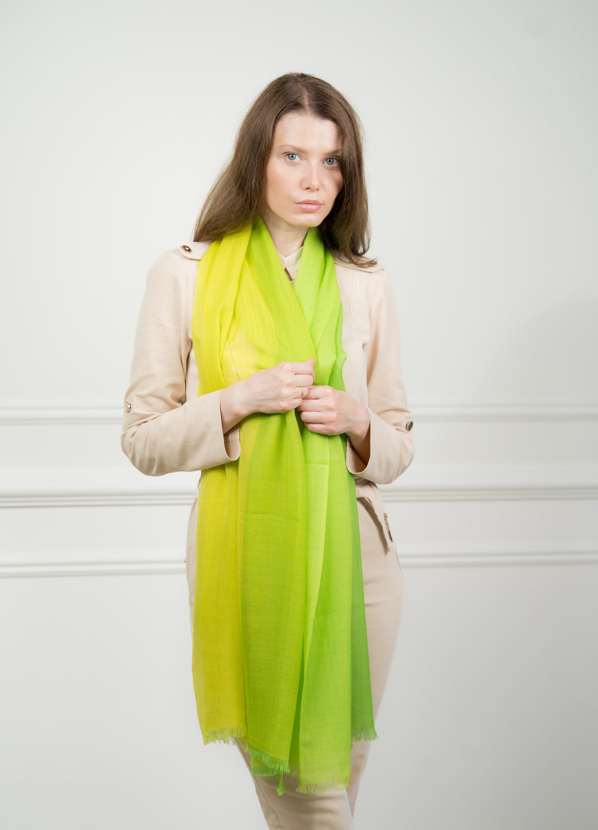 Close-up of the 4 Color Block Chartreuse Scarf, showcasing the premium wool texture and seamless transition of chartreuse and gray blocks.