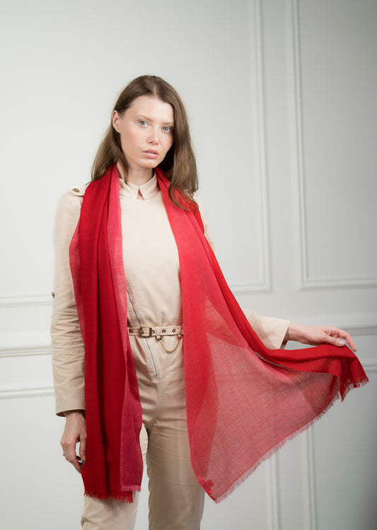 Model wearing Caprus Cashmere's pure wool 4 Color Block Scarlet Scarf, featuring scarlet red, gray, beige, and white color blocks.