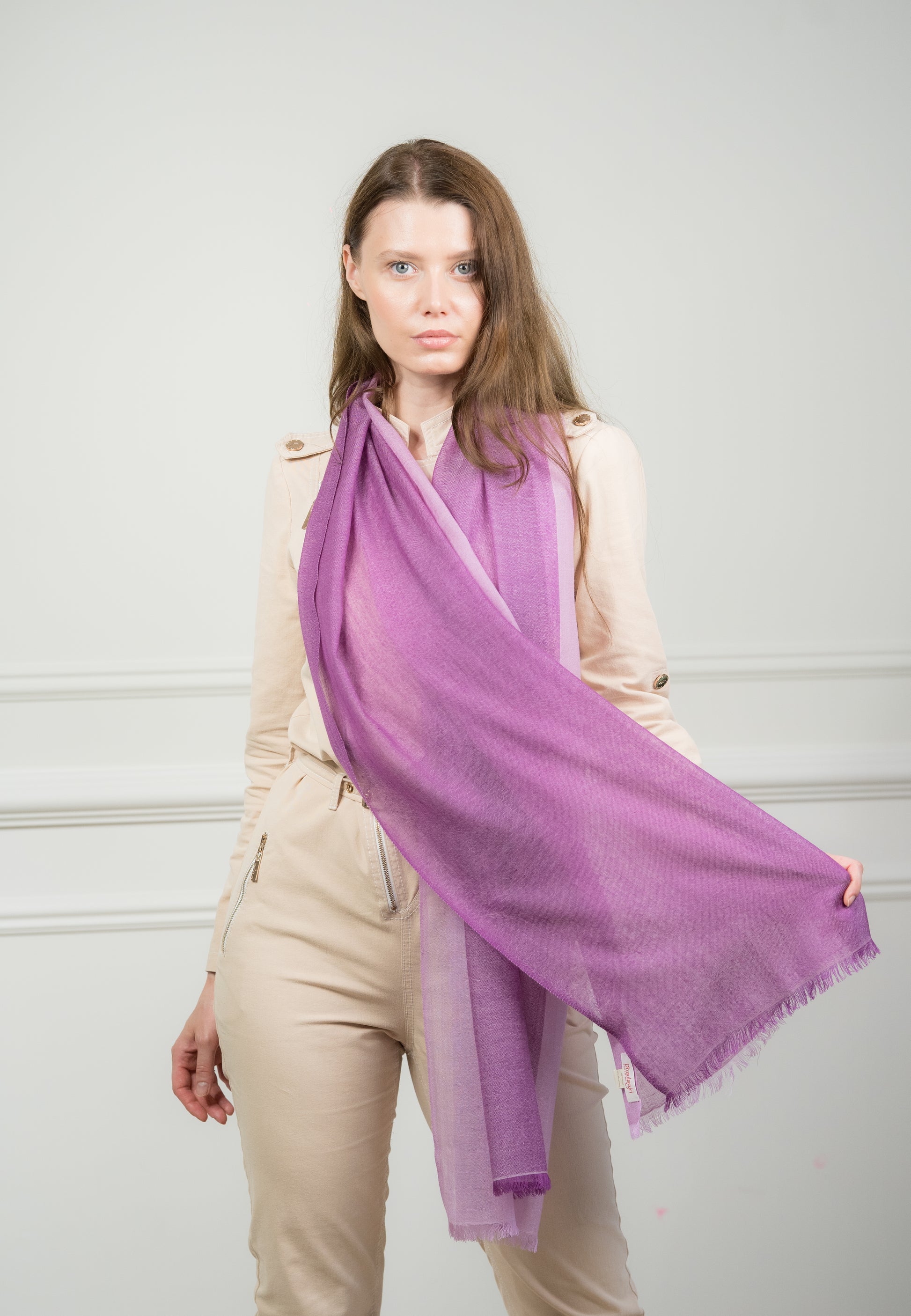 Close-up of the 4 Color Block Lilac Scarf on a model, highlighting the soft wool texture and transition between lilac and gray sections.