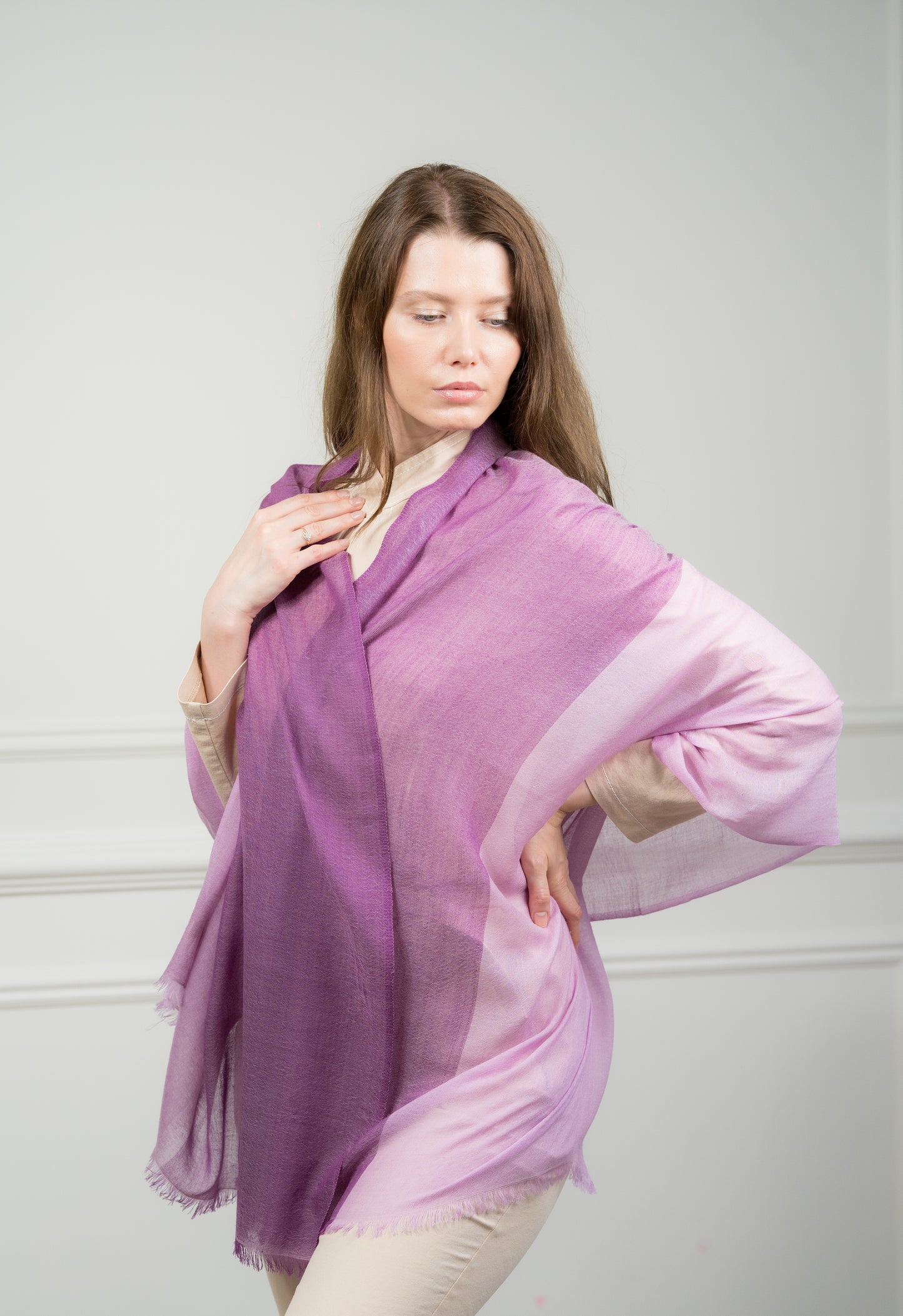 Pure wool 4 Color Block Lilac Scarf styled casually on a model, emphasizing the bold lilac block and neutral gray and beige tones.
