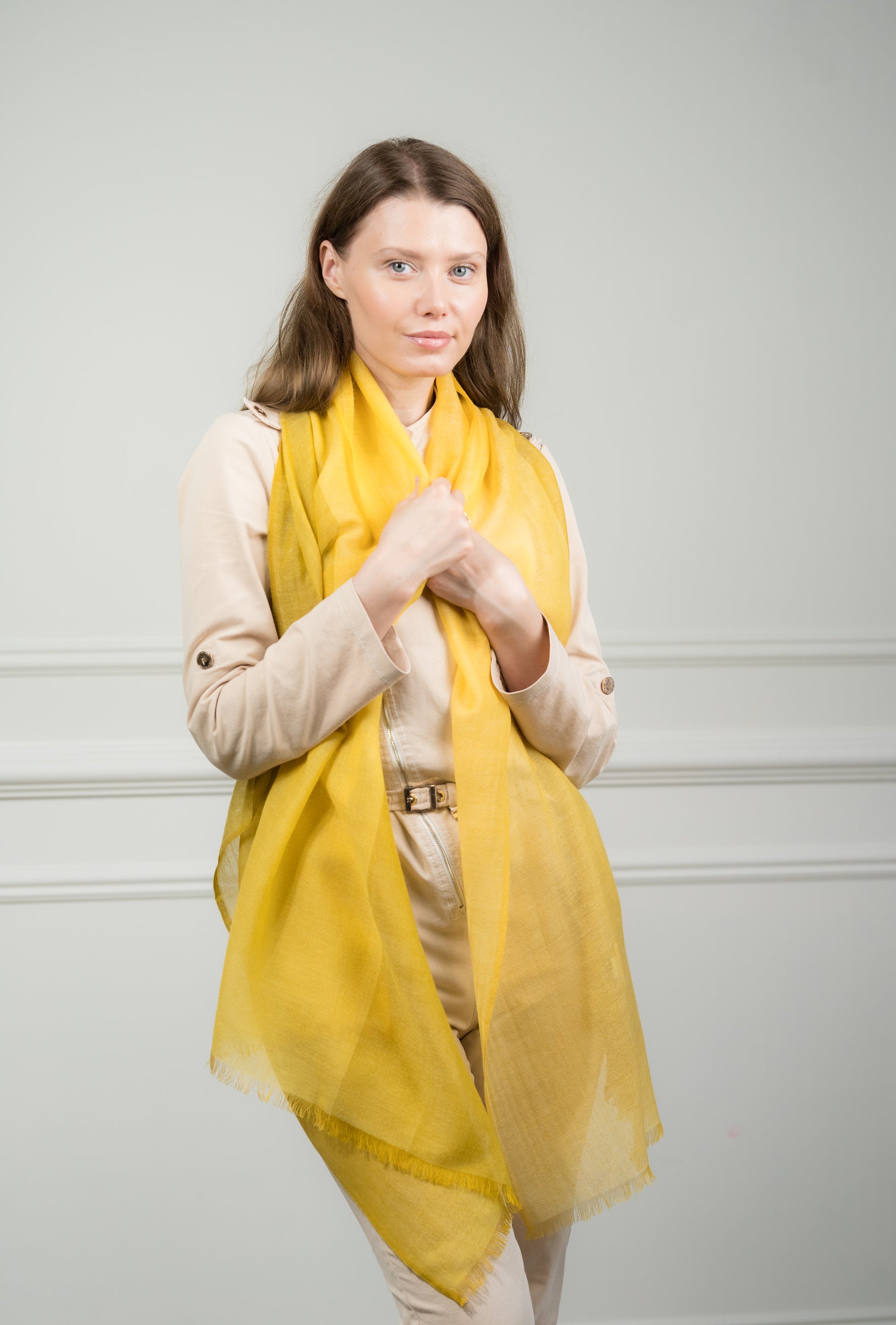 Close-up of the 4 Color Block Lemon Scarf on a model, highlighting the soft wool texture and transition between lemon yellow and gray blocks.