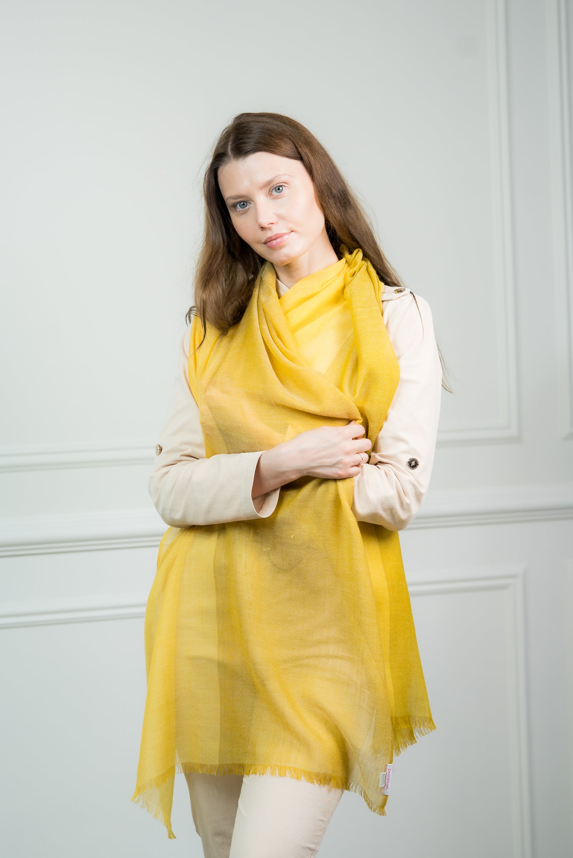 Side profile of a model wearing the 4 Color Block Lemon Scarf, emphasizing its lightweight design and bold lemon yellow color block.