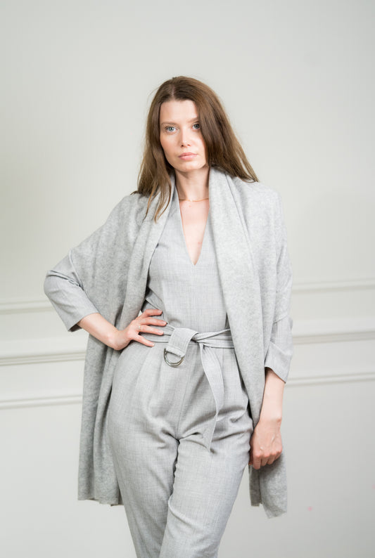 Caprus Cashmere's Silver Travel Wrap displayed flat, showcasing its soft cashmere texture and versatile design, ideal for travel and gifting.