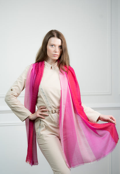 Close-up of the Herringbone Rosy Four Color Block Scarf on a model, highlighting the soft cashmere texture and herringbone pattern.