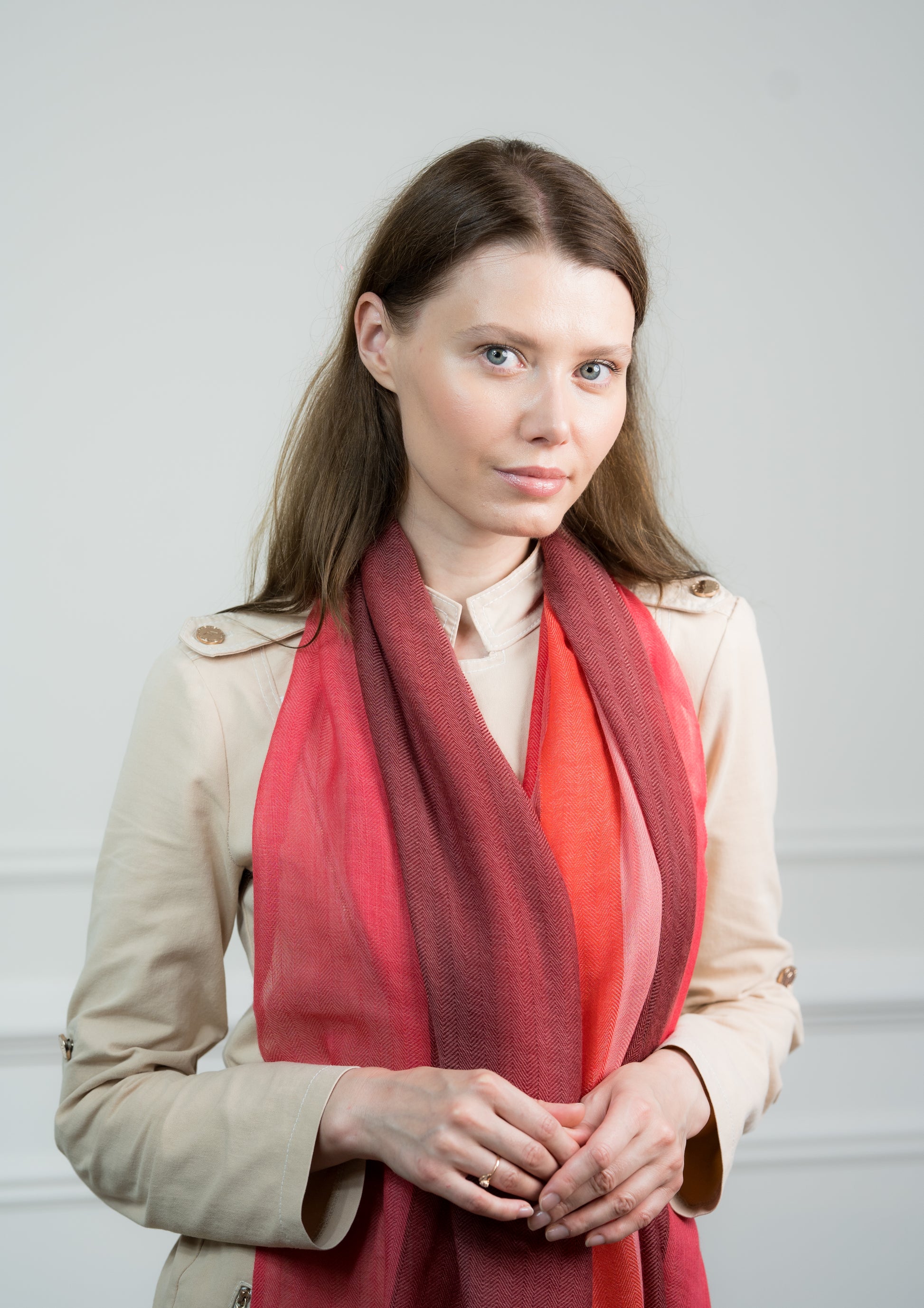 Detailed view of the Herringbone Ruby Four Color Block Scarf's fringed edges, emphasizing Caprus Cashmere's craftsmanship and suitability for gifting.