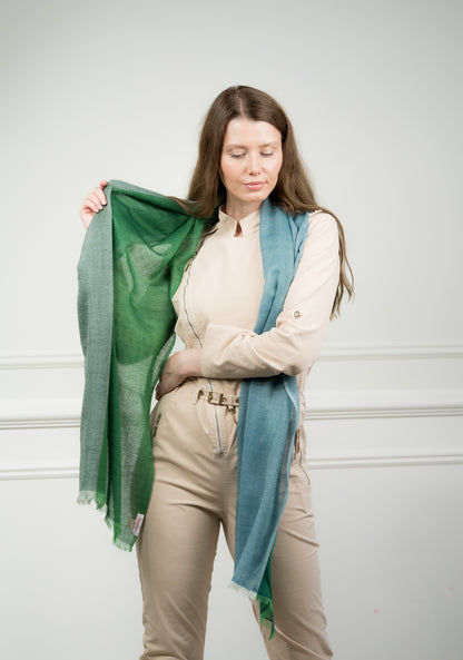 Close-up of the 4 Color Block Lime Scarf on a model, highlighting the soft wool texture and transition between lime green and gray blocks.