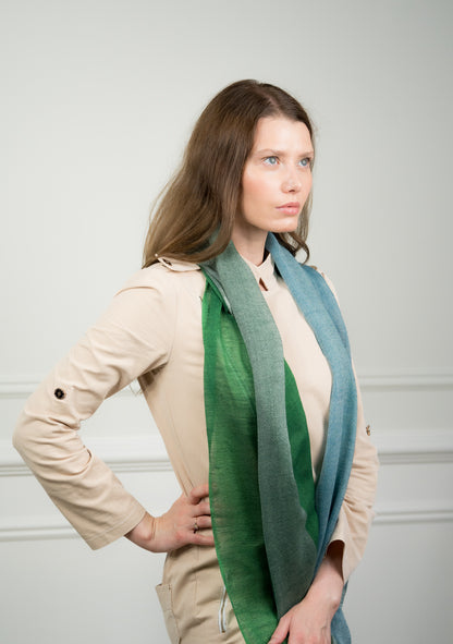 Pure wool 4 Color Block Lime Scarf styled in a loose knot on a model, displaying the vibrant lime green and beige sections with fringed edges.