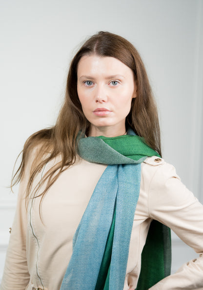 Back view of the 4 Color Block Lime Scarf on a model, highlighting the arrangement of lime green, gray, beige, and white blocks.