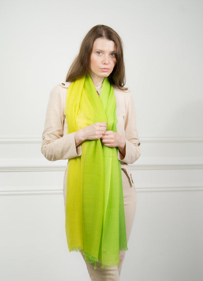Close-up of the 4 Color Block Chartreuse Scarf, showcasing the premium wool texture and seamless transition of chartreuse and gray blocks.