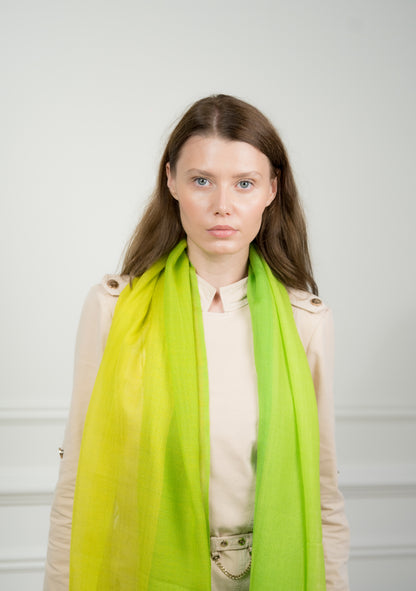 Detailed shot of the pure wool 4 Color Block Chartreuse Scarf with fringed edges, styled on a model to emphasize its vibrant chartreuse block.