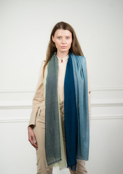 Full view of the 4 Color Block Jade Scarf draped on a model, showcasing its lightweight design and vibrant jade green section.