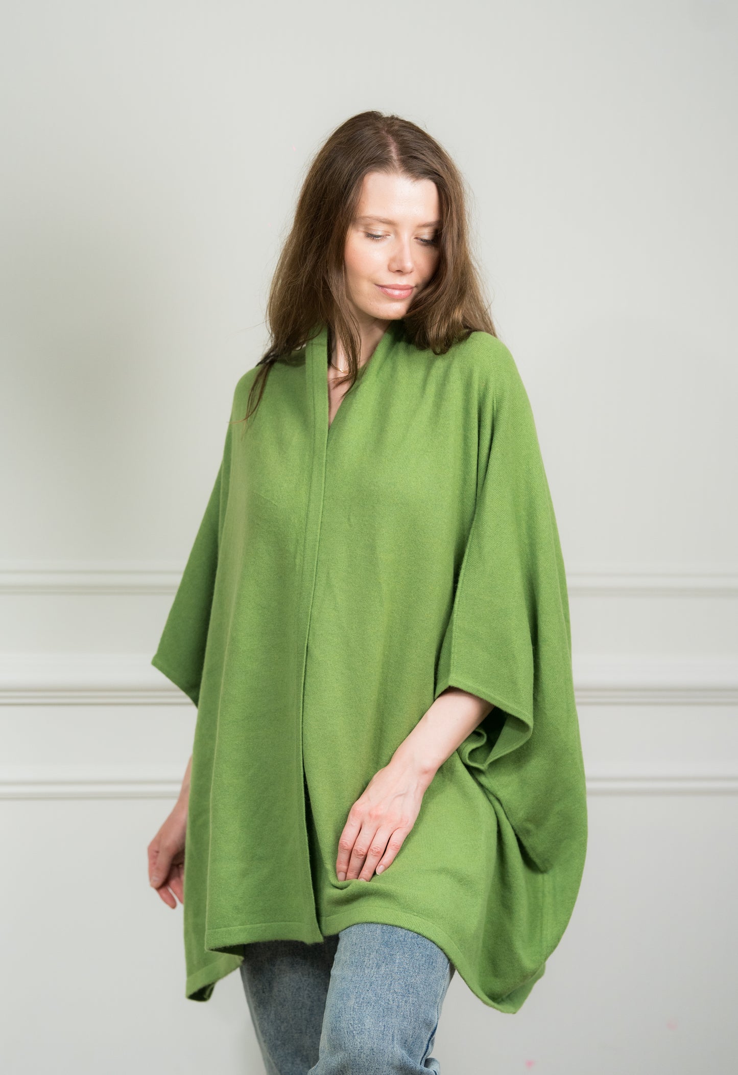 Close-up of the Jade Cashmere Kimono on a model, highlighting the luxurious cashmere texture and open-front design.