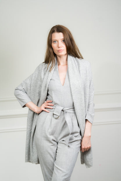 Caprus Cashmere's Silver Travel Wrap displayed flat, showcasing its soft cashmere texture and versatile design, ideal for travel and gifting.