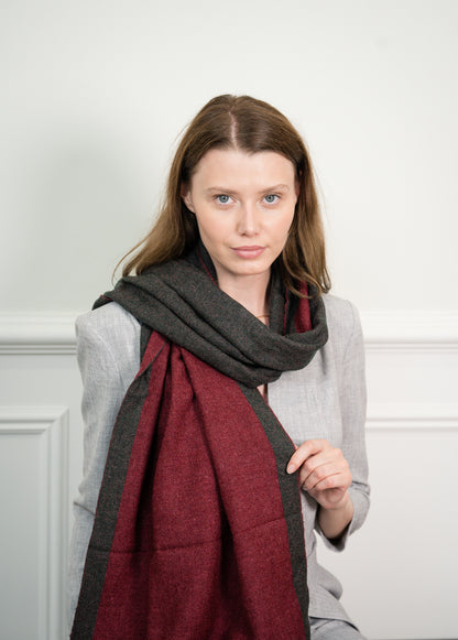 Close-up of the Ristic Red Two Tone Scarf, highlighting the soft wool texture and fine knit quality, ideal for gifting on occasions like weddings, Mother's Day, birthdays, anniversaries, or Christmas.