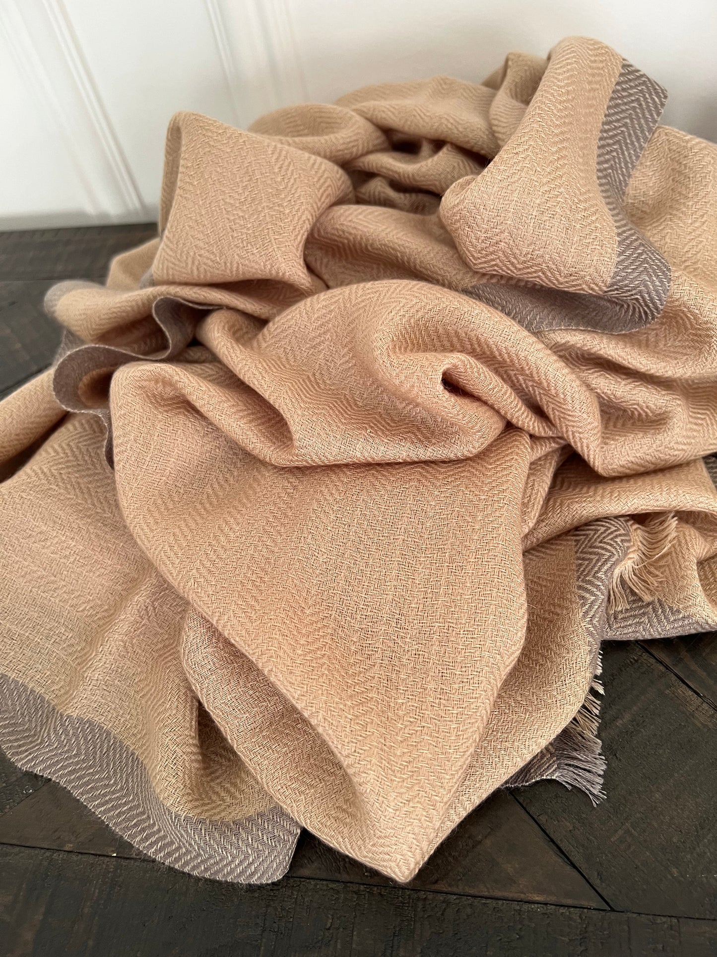 Cashmere Herringbone with Border Camel